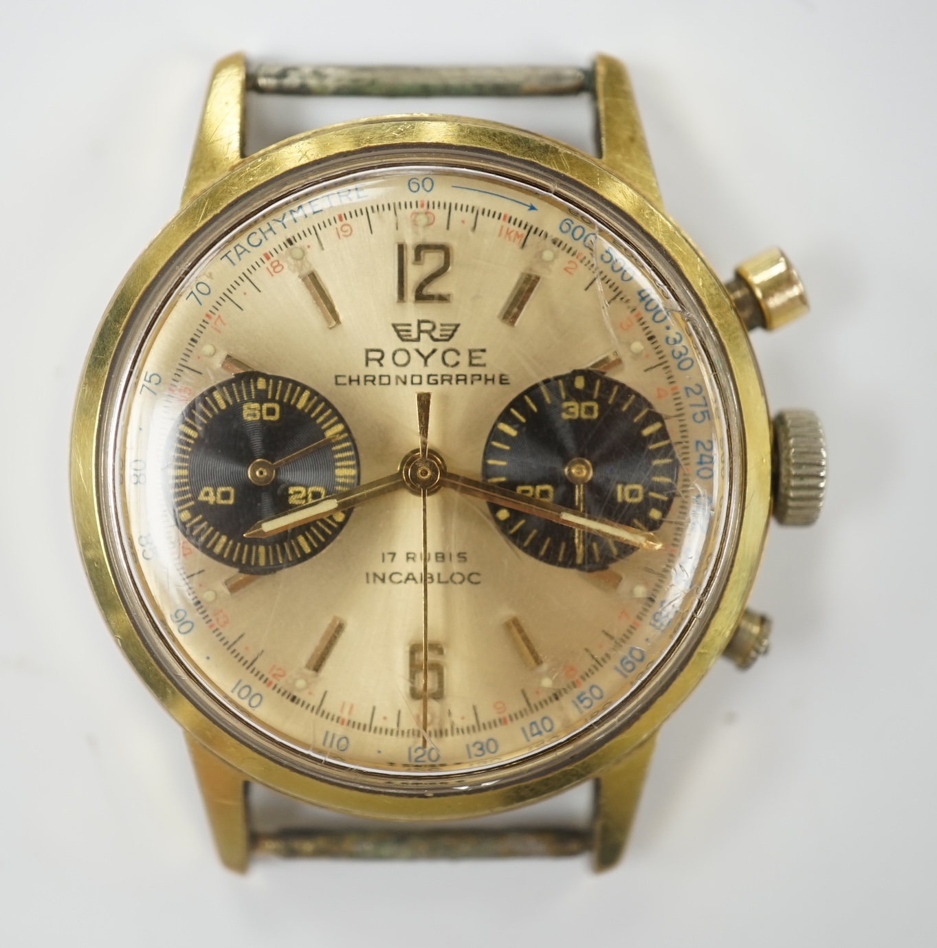 A gentleman's steel and gold plated Royce Chronograph manual wind wrist watch, with baton and quarterly Arabic numerals and two subsidiary dials, case diameter 36mm, no strap.